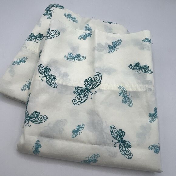 2 Vintage Percale Teal Green White Butterfly Standard Pillowcase Retro - Picture 1 of 3